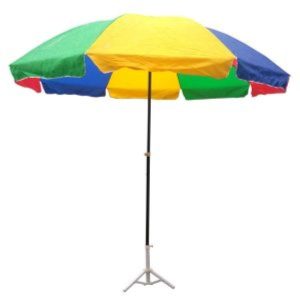 Cantilever garden umbrella with red, yellow, green, and blue canopy on a silver tripod base.