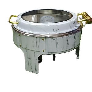White marble round chafing dish with glass lid and gold handles — catering food warmer South Africa