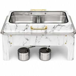 White marble rectangular dual compartment chafing dish with gold handle and dual fuel holders — catering food warmer South Africa Title WHITE MARBLE DUAL CHAFING DISH | BRIGHTSKY HOMEWARE