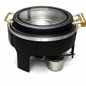 Black round chafing dish with gold handles and glass lid — catering food warmer South Africa