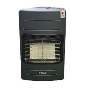 Total 3-panel portable gas heater in dark grey with ceramic heating elements and protective wire guard, ideal for South African winter home heating