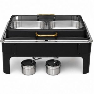 Black rectangular dual compartment chafing dish with glass lid and gold handle — catering food warmer South Africa