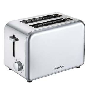 Silver stainless steel 2-slice toaster with wide slots, browning control dial, and side lever on a white background