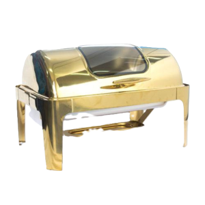 Luxurious gold roll-top buffet chafing dish with elegant design and glass viewing window.