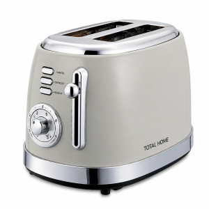 Total Home 2-slice toaster in beige with chrome accents, browning dial, and cancel, defrost, and reheat buttons