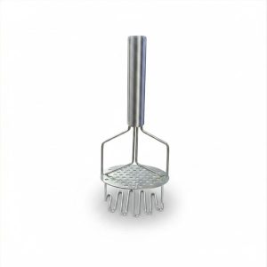 Heavy-duty stainless steel potato masher with dual-action head featuring perforated pressing plate and wire tines, ergonomic handle, durable kitchen tool for smooth lump-free mashing.