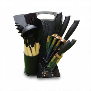 12-piece camo kitchen knife and utensil set with bamboo handles, knife stand and cutting board