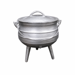 Silver aluminium three-legged potjie pot with lid and side handles
