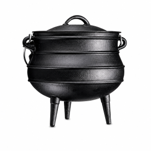 Black cast iron three-legged potjie pot with lid