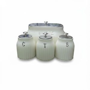 Retro 4-piece kitchen storage set with bread bin and three labelled canisters for coffee, tea and sugar