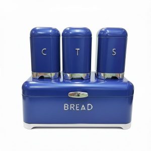 4-piece retro bread bin and kitchen canister set in navy blue with coffee tea sugar storage containers and chrome accents