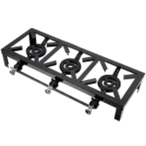 Heavy-duty three burner cast iron LPG gas stove with black steel frame and individual control valves.