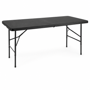 Black 6 seater foldable trestle table standing open with metal legs on white background