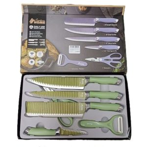 6-piece kitchen knife set with stainless steel non-stick blades, including chef knife, cleaver, slicer, paring knife, scissors, and peeler.