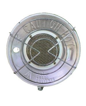 Portable gas radiant heater with wire safety guard mounted on orange LPG gas cylinder for load shedding and winter heating - Brightsky Homeware Marabastad Pretoria