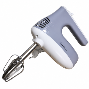 Gray and white electric hand mixer with stainless steel beater attachments