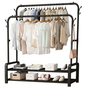 Double Rail Garment Rack Shelves Hooks affordable clothing rack South Africa black steel bedroom organiser