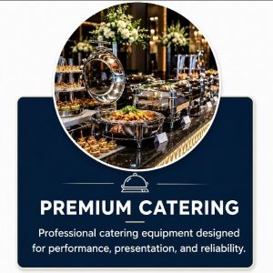 Premium stainless steel catering equipment including chafing dishes and food warmers displayed at a professional buffet setup – Bright Sky premium catering supplies South Africa