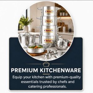 Bright Sky premium stainless steel cookware set with pots, glass lid pan, colander and mixing bowls on a kitchen counter – Kitchenware premium kitchenware South Africa